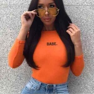 Babe. Long-Sleeve Fitted Top in Bright Orange